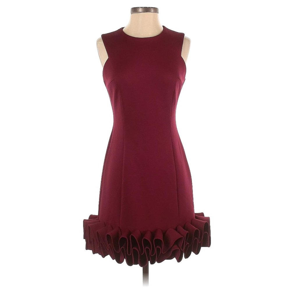 Maroon ruffled scuba sheath dress